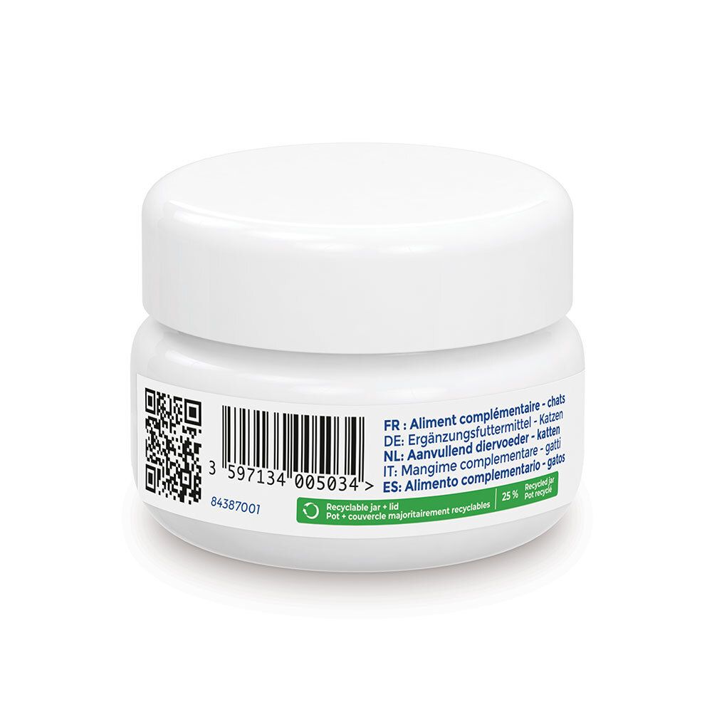 Arrière d'un pot de Movoflex Soft Chews pour chats avec code-barres et informations produit.
