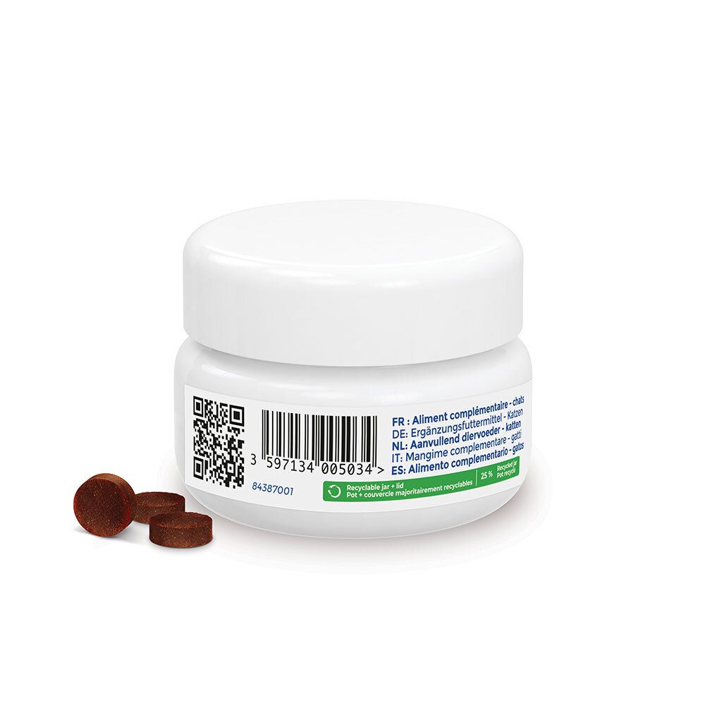 Trois Movoflex Soft Chews pour chats à côté d'un pot blanc ouvert.
