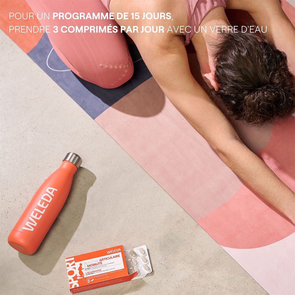 Personne sur tapis de yoga avec bouteille et comprimés. Texte: 3 comprimés par jour.