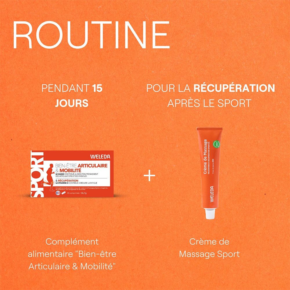 Emballage du produit et crème. Texte: Pour la récupération après le sport.