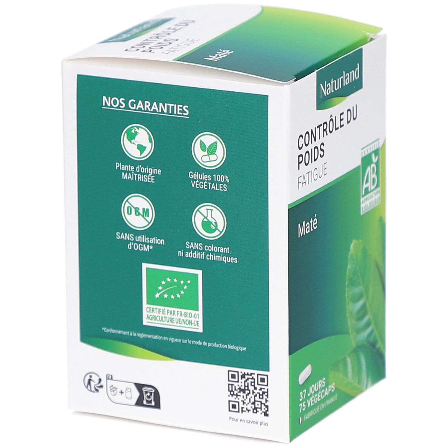 Boîte blanche NATURLAND. Texte "CONTRÔLE DU POIDS FATIGUE Maté". Logos: plante, gélules végétales, sans OGM, sans colorant. Certification Bio.