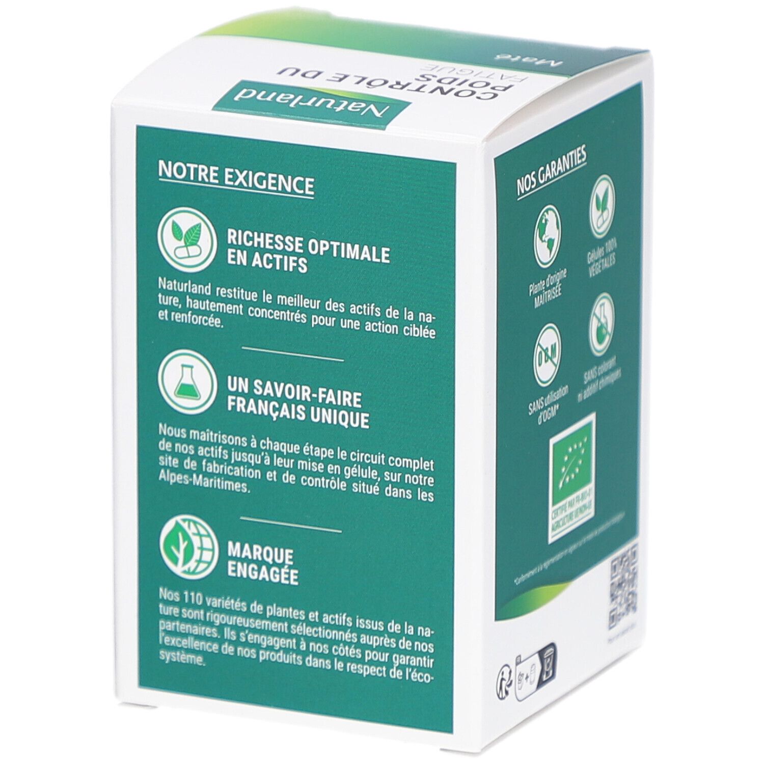 Boîte blanche NATURLAND. Texte "CONTRÔLE DU POIDS FATIGUE Maté". Logos: riche en actifs, savoir-faire français, marque engagée.