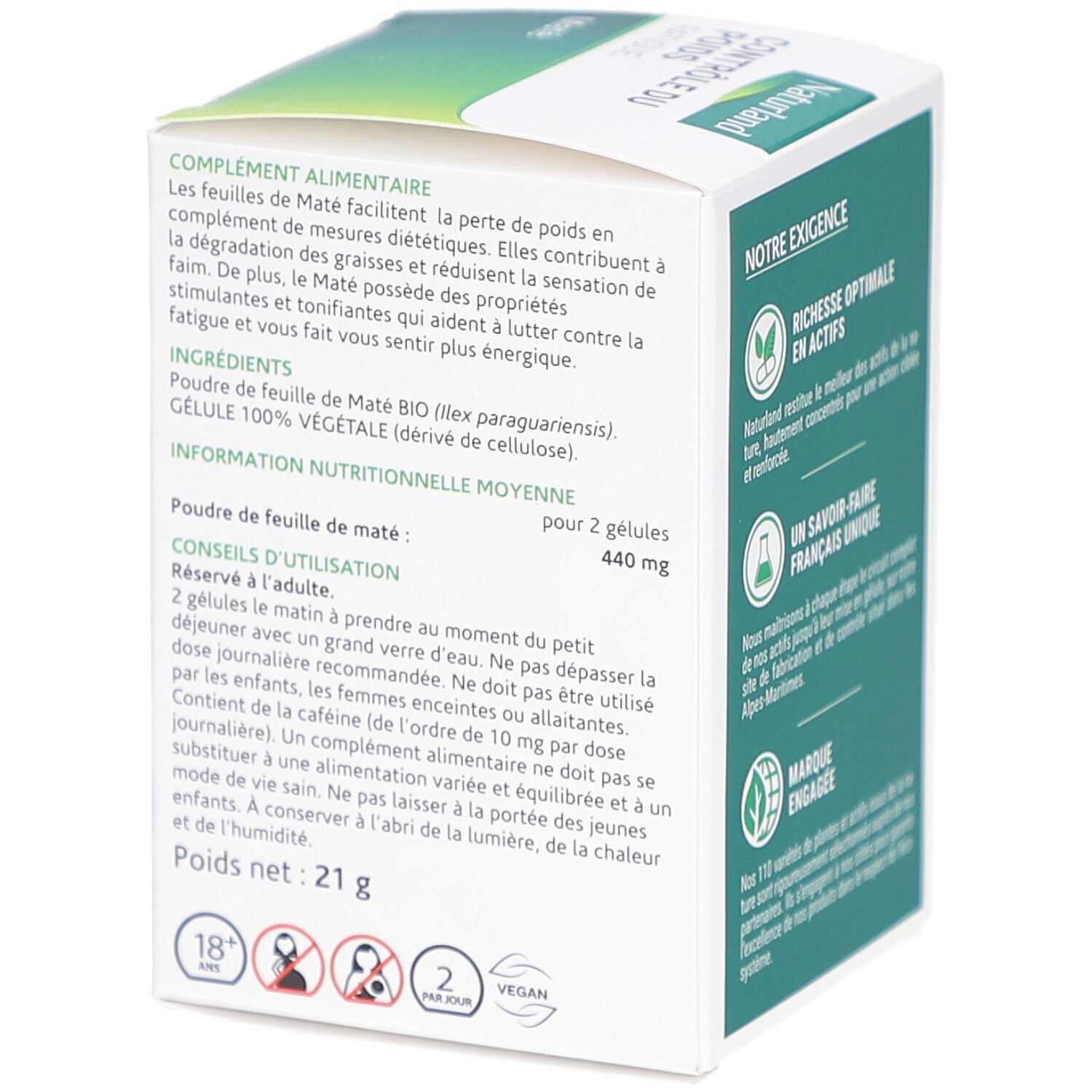 Boîte blanche NATURLAND. Texte "CONTRÔLE DU POIDS FATIGUE Maté". Ingrédients, posologie, avertissements. Poids net: 21 g.