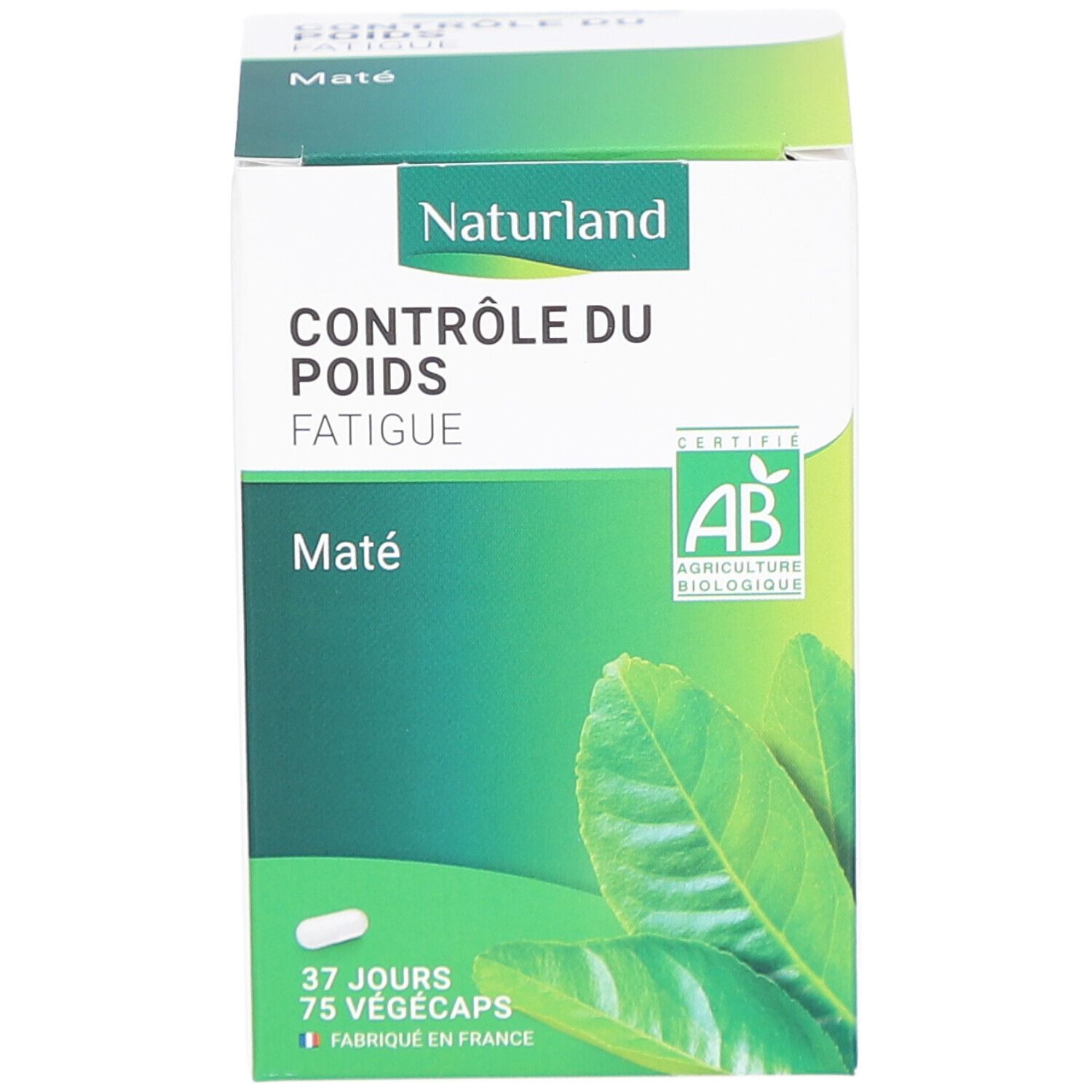 Boîte blanche NATURLAND, texte "CONTRÔLE DU POIDS FATIGUE Maté". Certification AB Bio. 75 gélules végétales. Illustration de feuilles. Gélule.