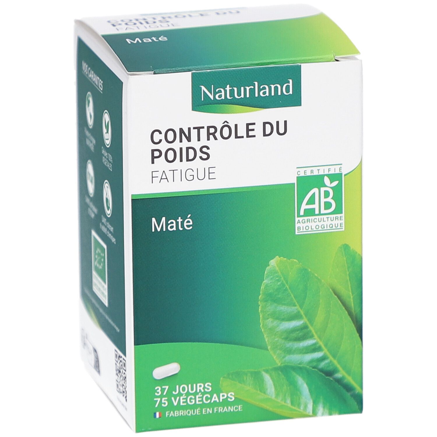 Boîte blanche NATURLAND, texte "CONTRÔLE DU POIDS FATIGUE Maté". Certification AB Bio. 75 gélules végétales. Illustration de feuilles.