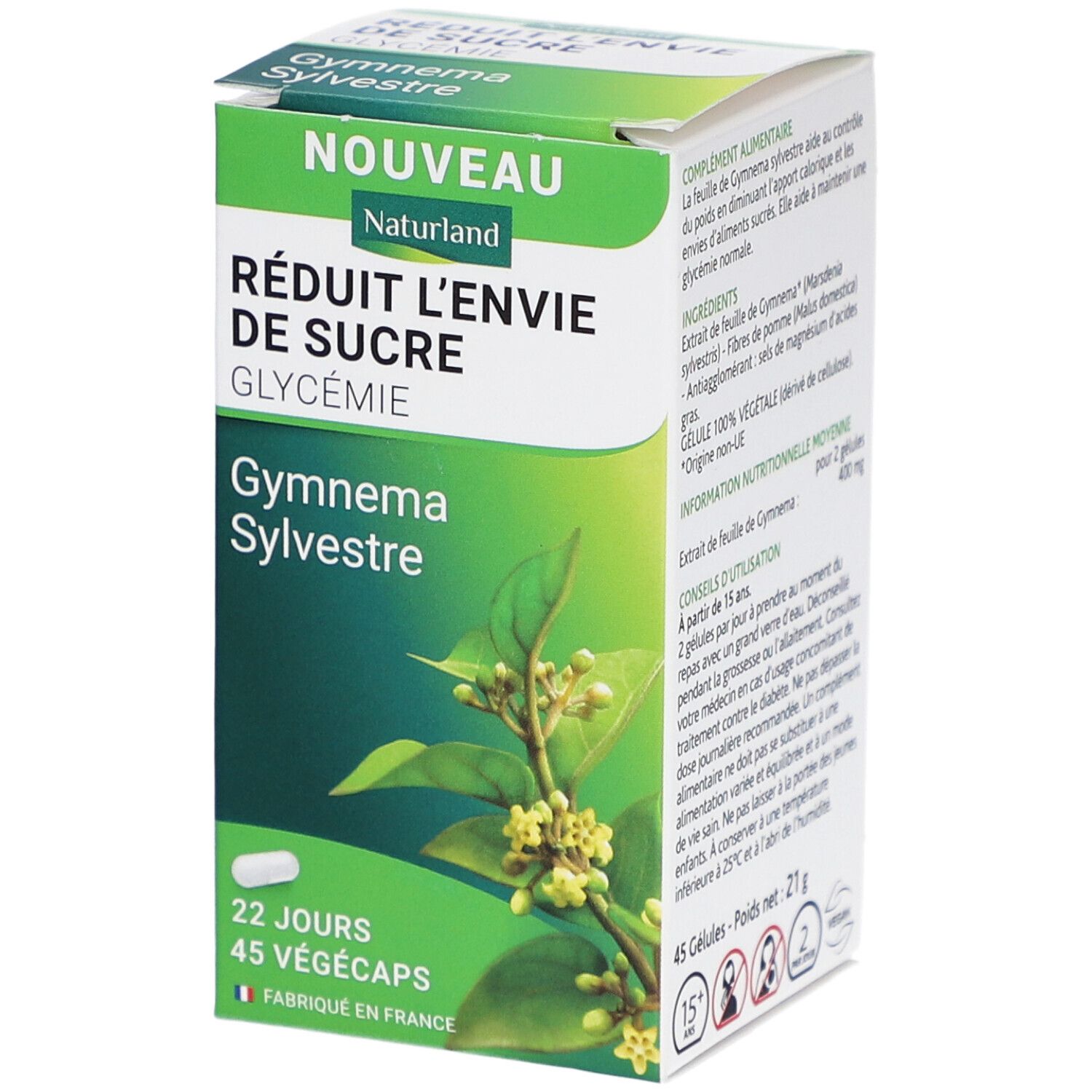 Boîte Naturland Gymnema Sylvestre. Vert et blanc, avec nom du produit et capsule. Contient 45 gélules.