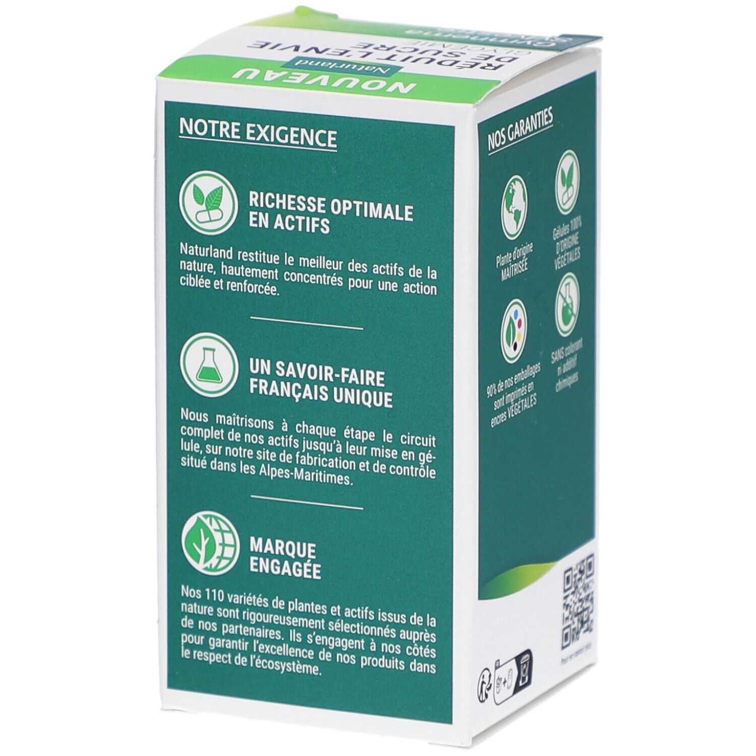 Vue latérale de la boîte Naturland Gymnema Sylvestre. Texte sur actifs optimaux, savoir-faire français et engagement environnemental.