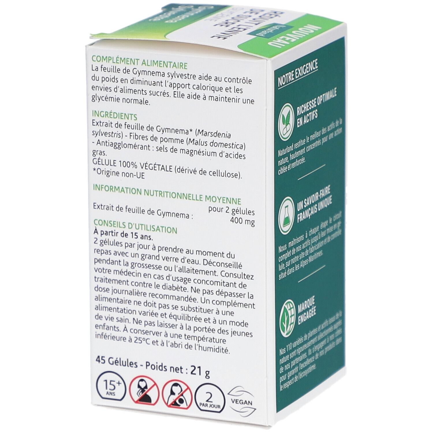 Détail de la boîte Naturland Gymnema Sylvestre. Informations sur les ingrédients, conseils d'utilisation et informations nutritionnelles.