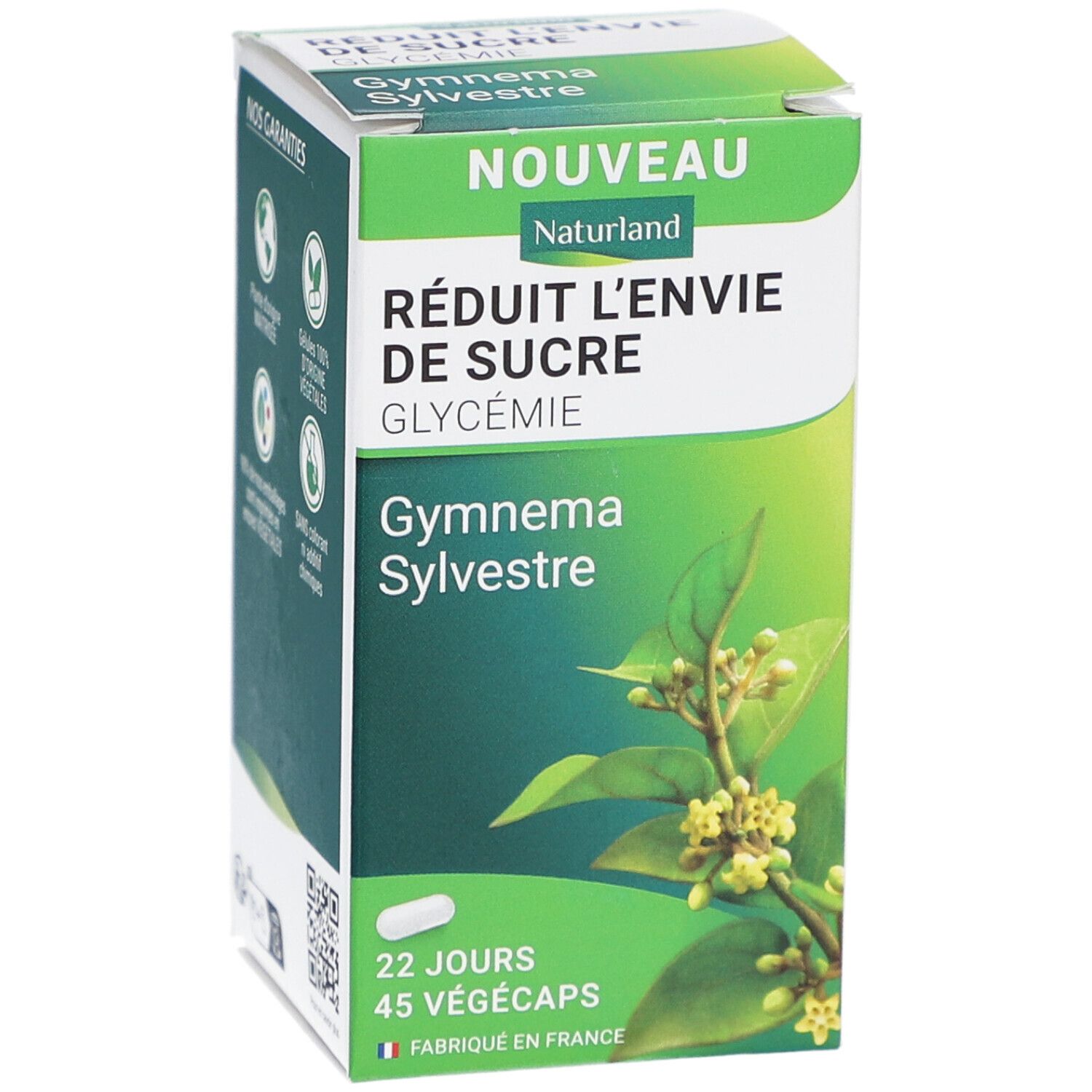 Boîte Naturland Gymnema Sylvestre. Vert et blanc, avec nom du produit, capsule et 45 gélules.