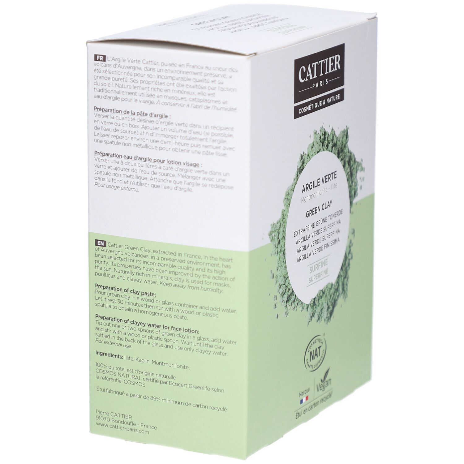 Boîte de CATTIER ARGILE VERTE SURFINE. Vue latérale avec texte. Texte: Préparation de l'argile, ingrédients, COSMOS NATURAL, Vegan.