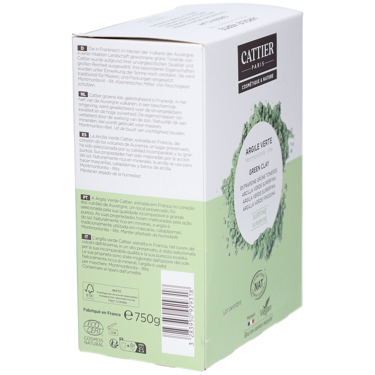 Boîte de CATTIER ARGILE VERTE SURFINE. Vue latérale avec texte. Texte: Informations sur l'argile, COSMOS NATURAL, Vegan, Fabriqué en France.