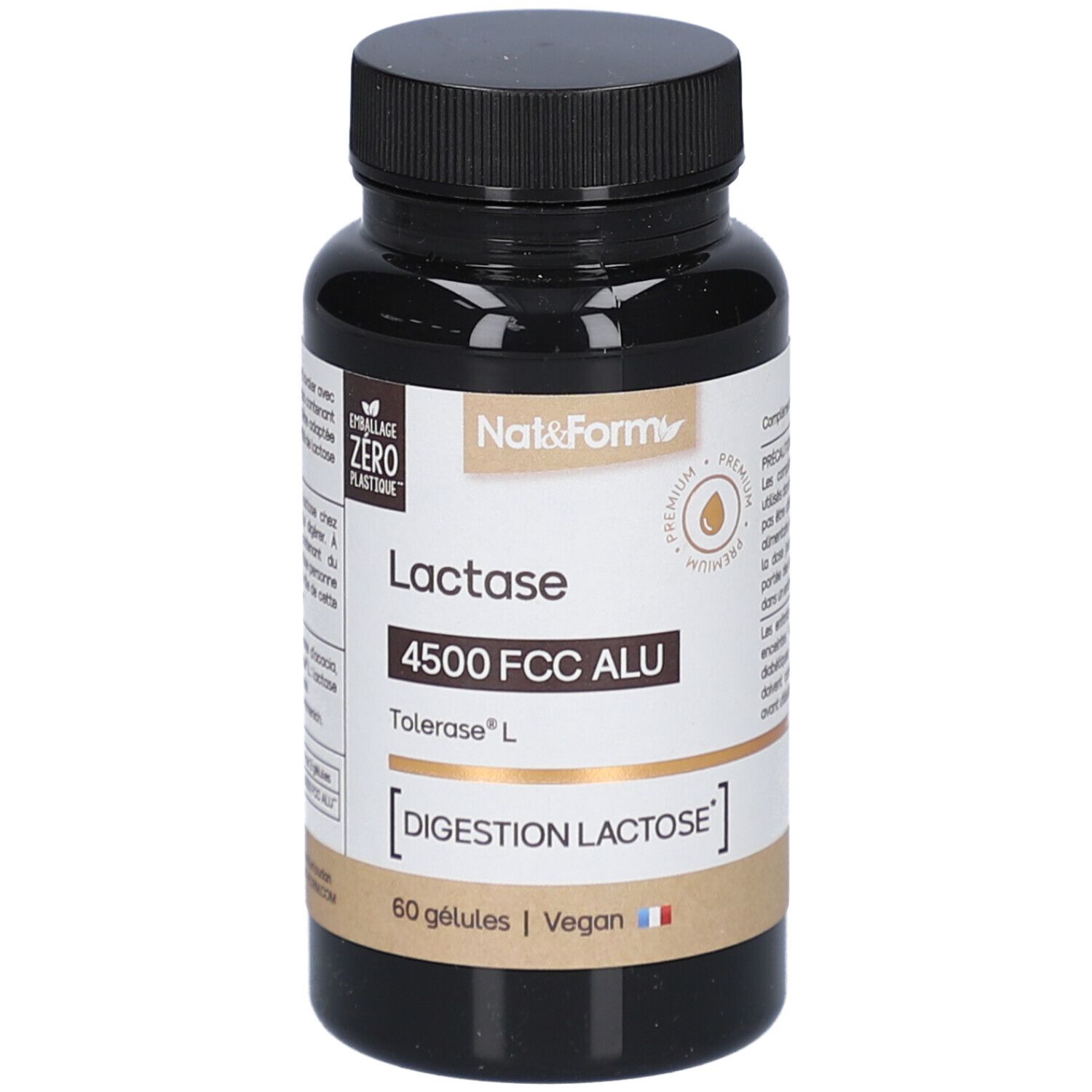 Flacon marron de gélules. Inscription: Lactase 4500 FCC ALU, Tolerase L, Digestion Lactose, 60 gélules, Vegan. Marque: Nat&Form.