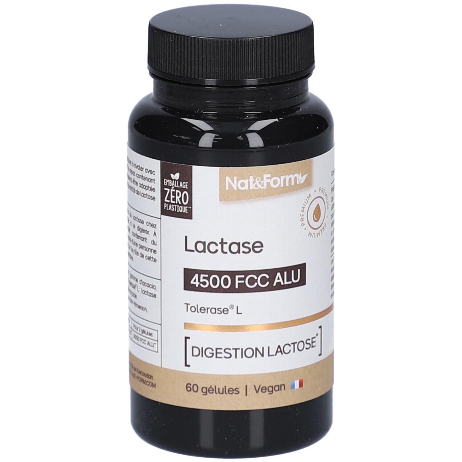 Flacon marron de gélules. Inscription: Lactase 4500 FCC ALU, Tolerase L, Digestion Lactose, 60 gélules, Vegan. Marque: Nat&Form.