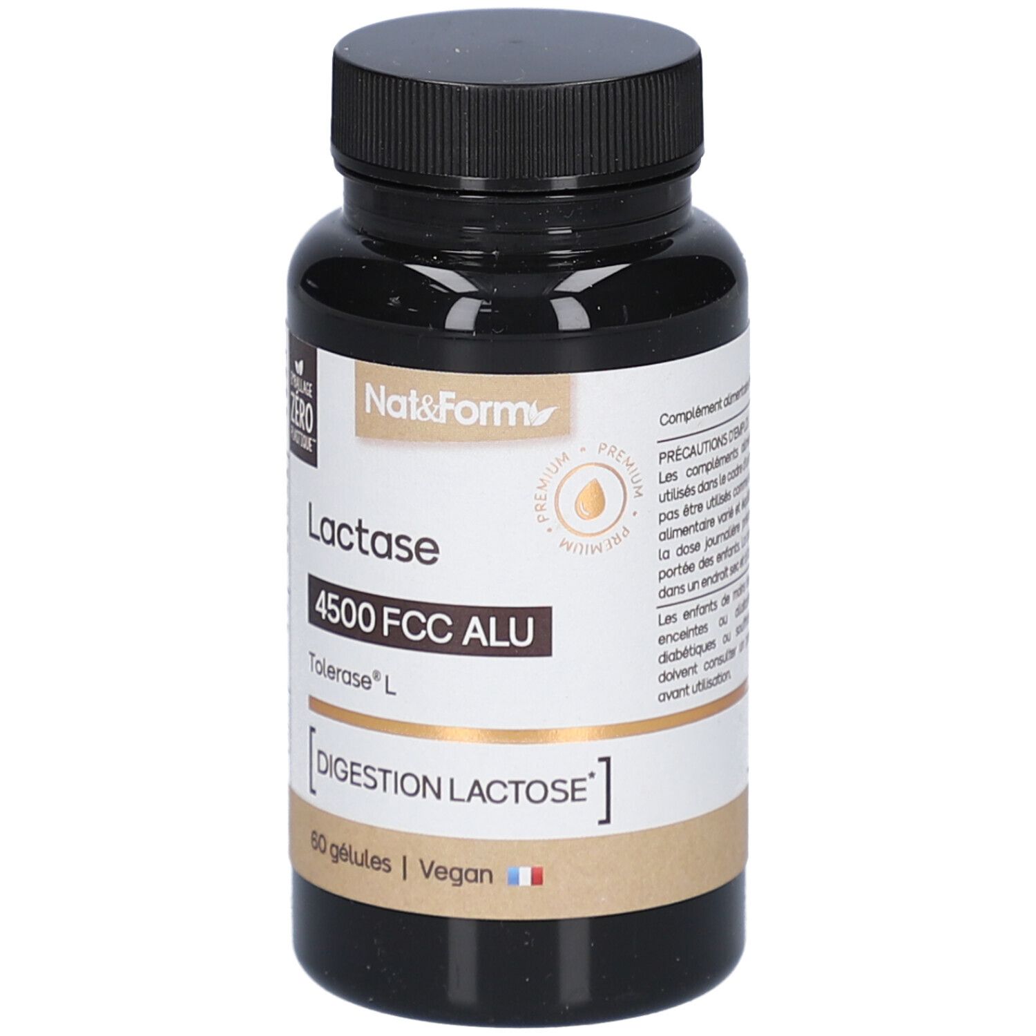 Flacon marron de gélules. Inscription: Lactase 4500 FCC ALU, Tolerase L, Digestion Lactose, 60 gélules, Vegan. Marque: Nat&Form.