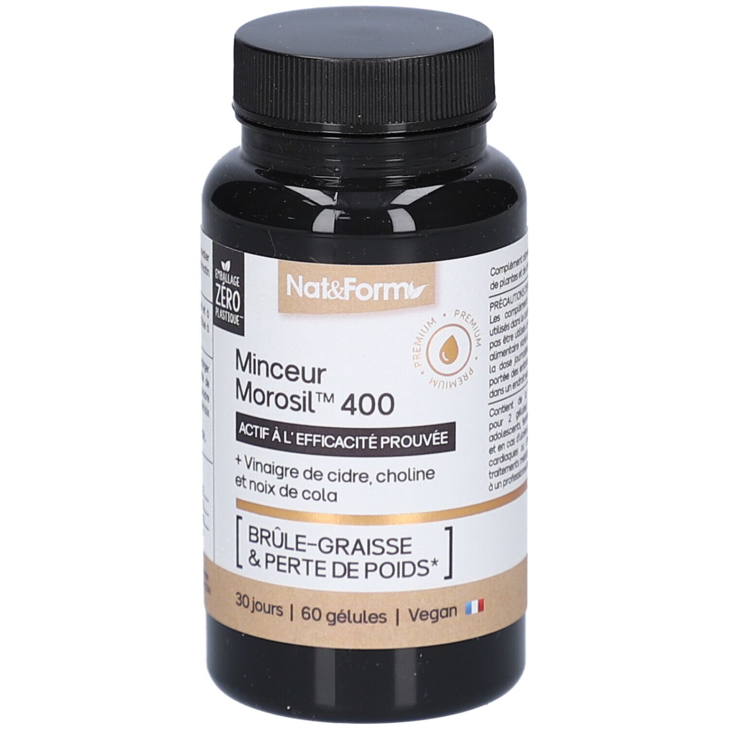 Flacon noir de gélules. Inscription: Minceur Morosil 400, ACTIF A L'EFFICACITE PROUVEE. Contient 60 gélules, Vegan.