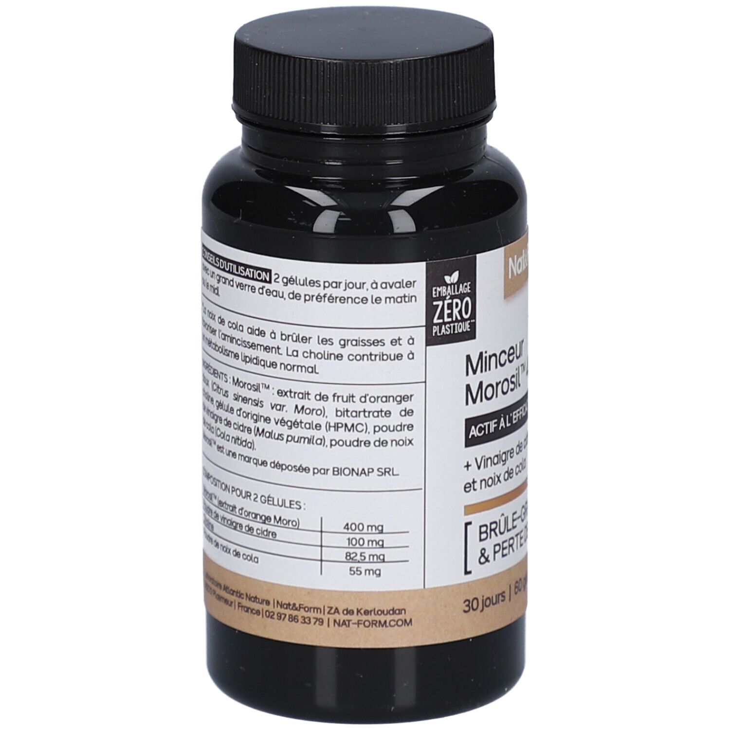 Flacon noir de gélules. Inscription: Minceur Morosil 400. Liste des ingrédients et informations nutritionnelles. Vegan.