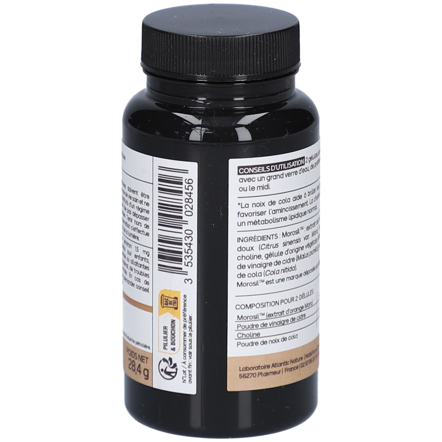 Flacon noir de gélules. Inscription: Minceur Morosil 400. Conseils d'utilisation et ingrédients. Vegan.