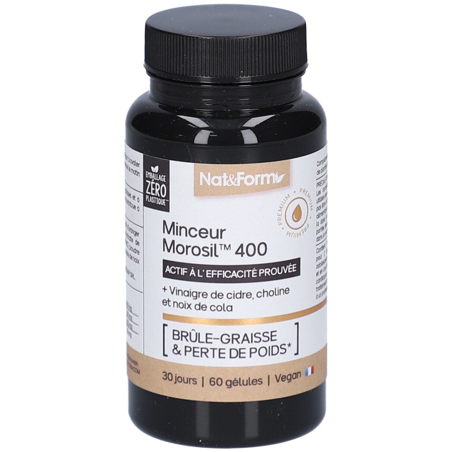 Flacon noir de gélules. Inscription: Minceur Morosil 400, ACTIF A L'EFFICACITE PROUVEE. Contient 60 gélules, Vegan.