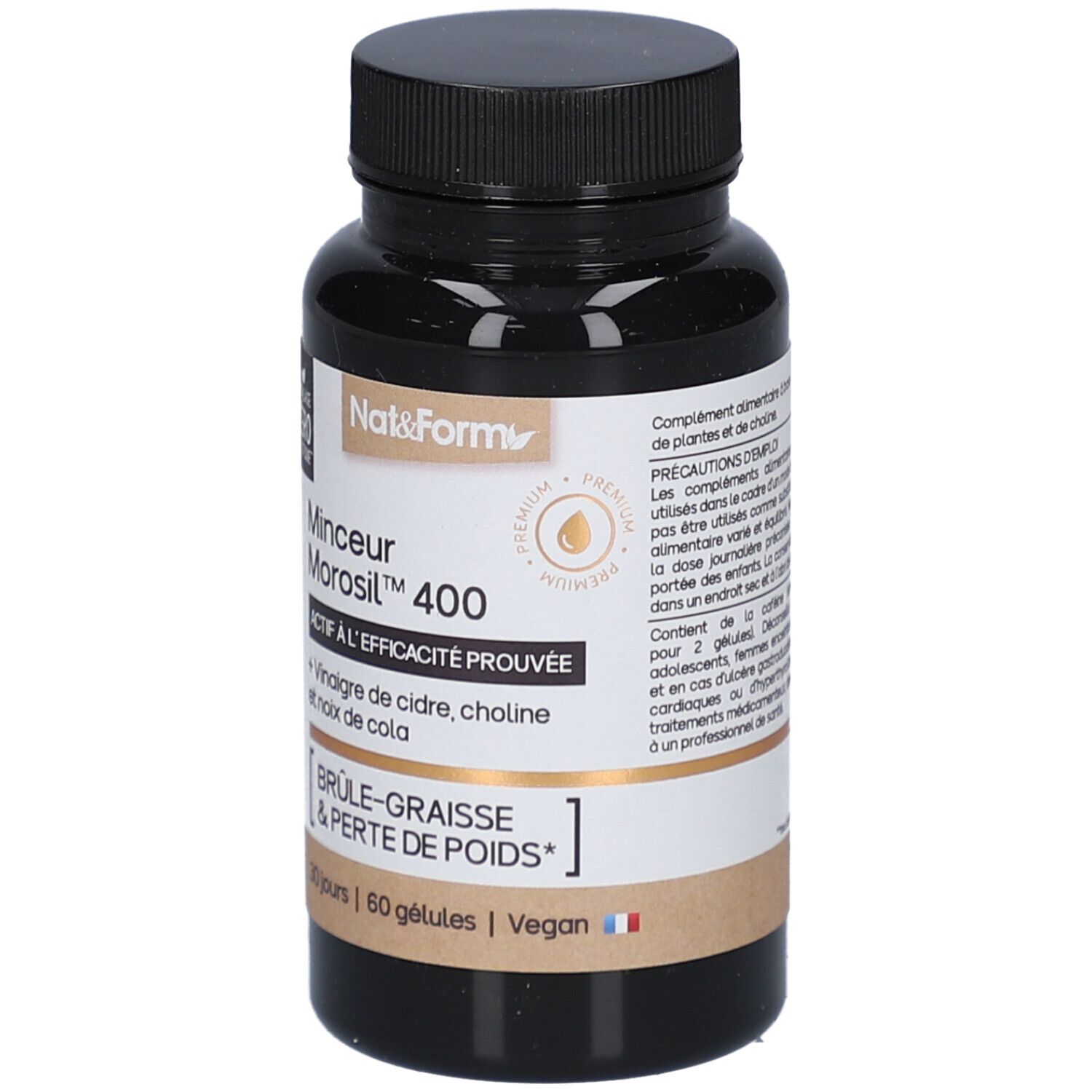 Flacon noir de gélules. Inscription: Minceur Morosil 400, ACTIF A L'EFFICACITE PROUVEE. Vegan. Détail des ingrédients.