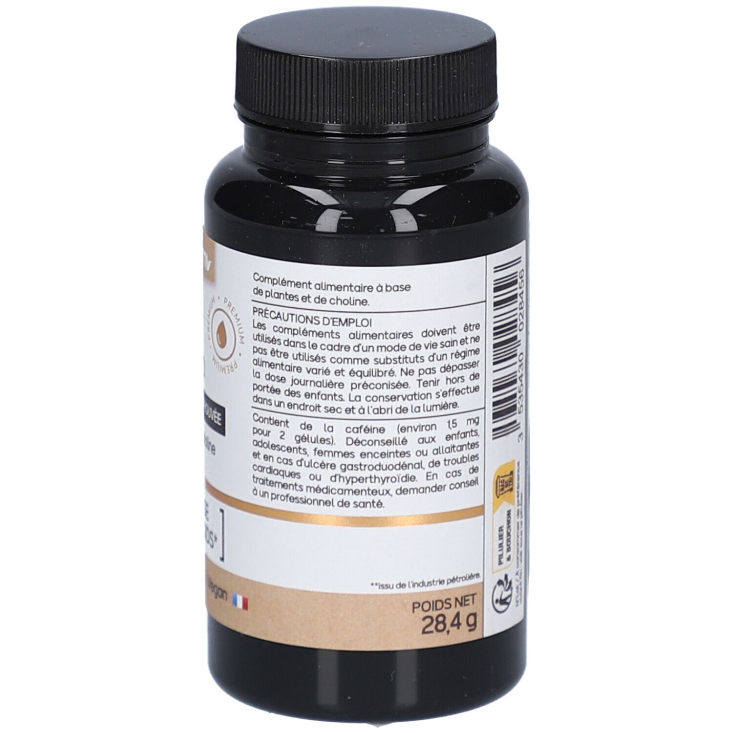 Flacon noir de gélules. Inscription: Minceur Morosil 400. Mises en garde et ingrédients. Vegan.