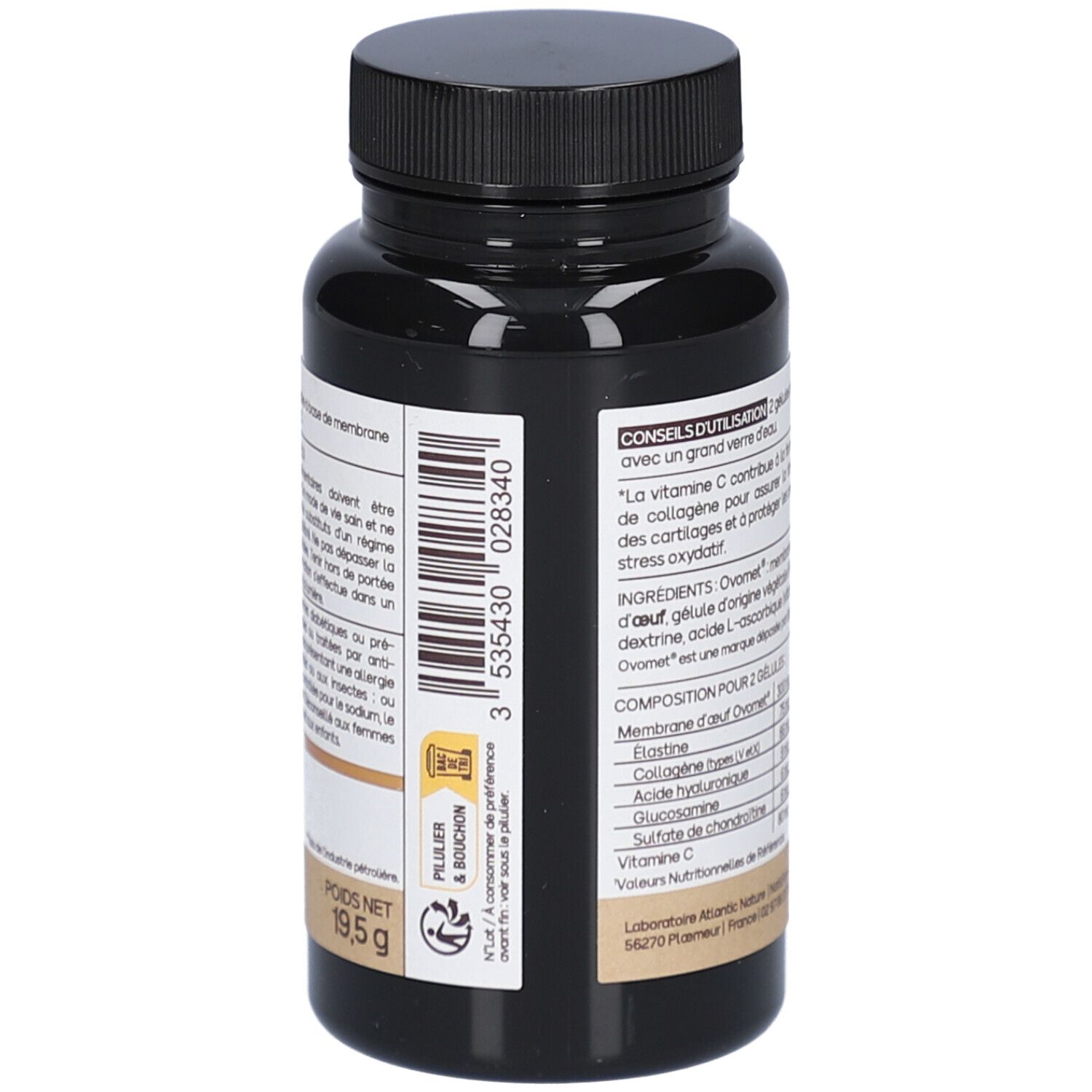 Dos du flacon. Code-barres et texte. Nat&Form, Complexe Articulaire, Ovomet. Poids net: 19,5g.