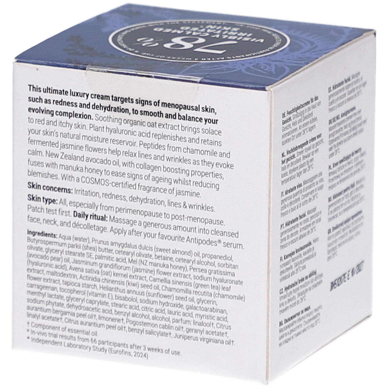 Boîte avec texte. Ingrédients et instructions d'utilisation. Inscription: ANTIPODES. Label végétalien. Résultats d'étude.