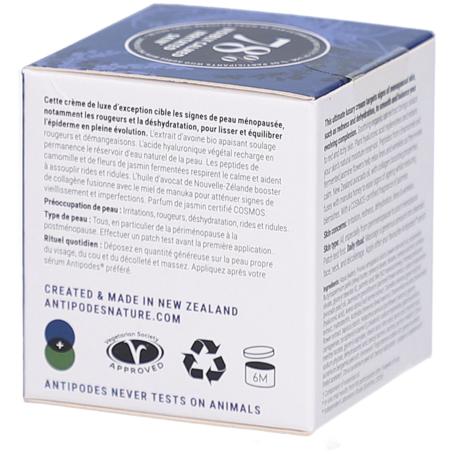 Boîte avec texte. Ingrédients et instructions d'utilisation. Inscription: ANTIPODES. Label végétalien. Symbole 6M.