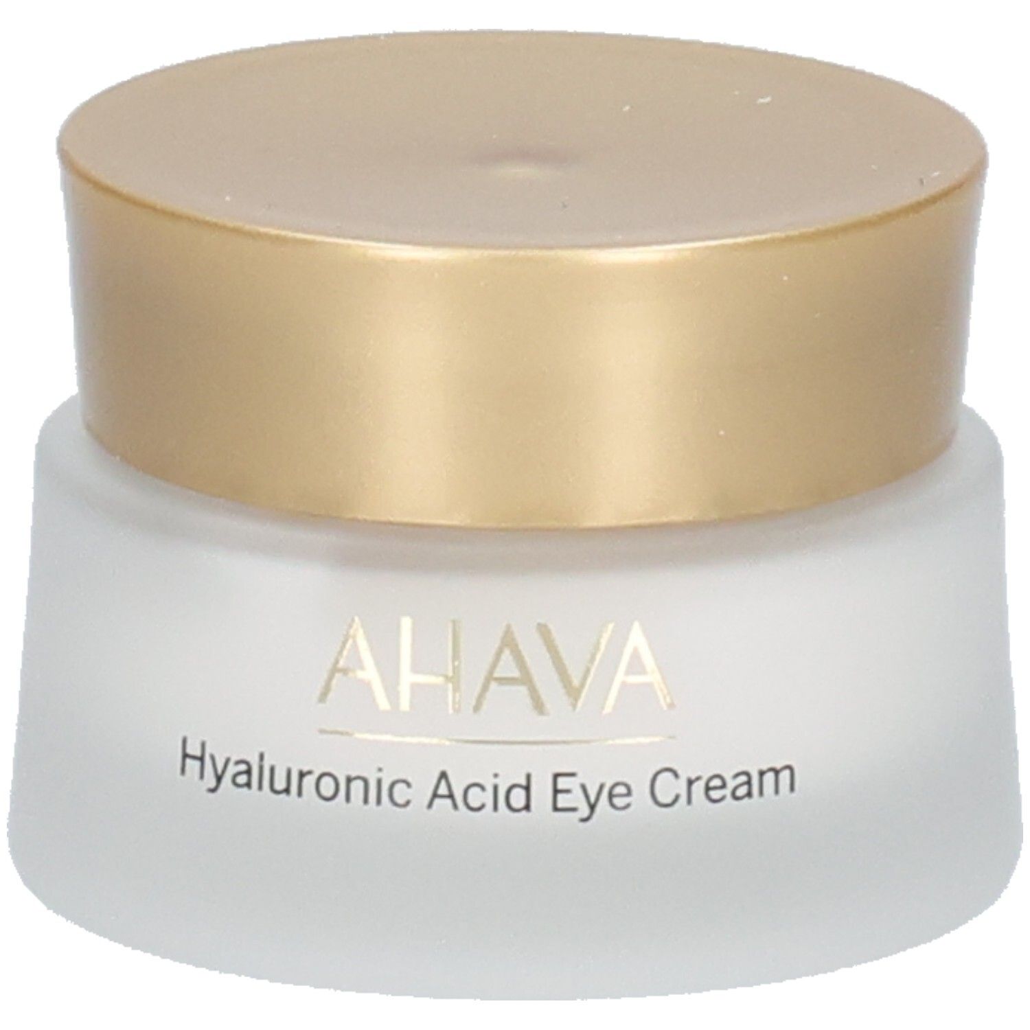 Pot de crème avec couvercle doré. Inscription: AHAVA, Hyaluronic Acid Eye Cream. Verre blanc dépoli.