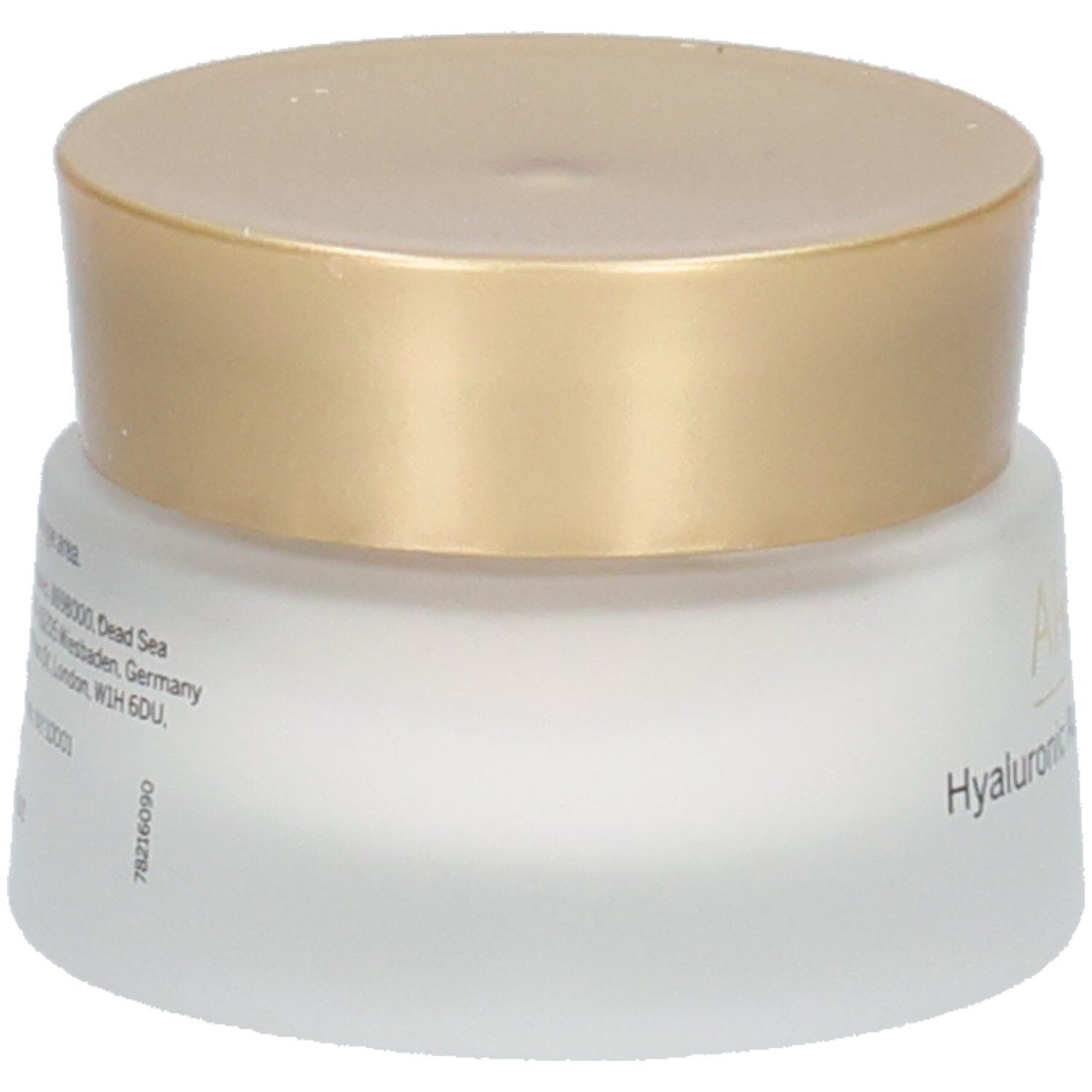 Pot de crème, couvercle doré. Inscription et texte sur le verre. Vue arrière.