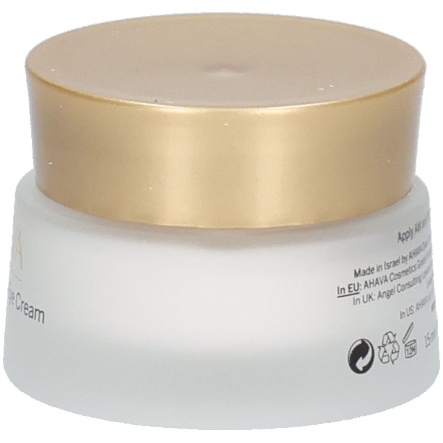 Pot de crème avec couvercle doré. Inscription: AHAVA, Hyaluronic Acid Eye Cream. Vue détaillée.