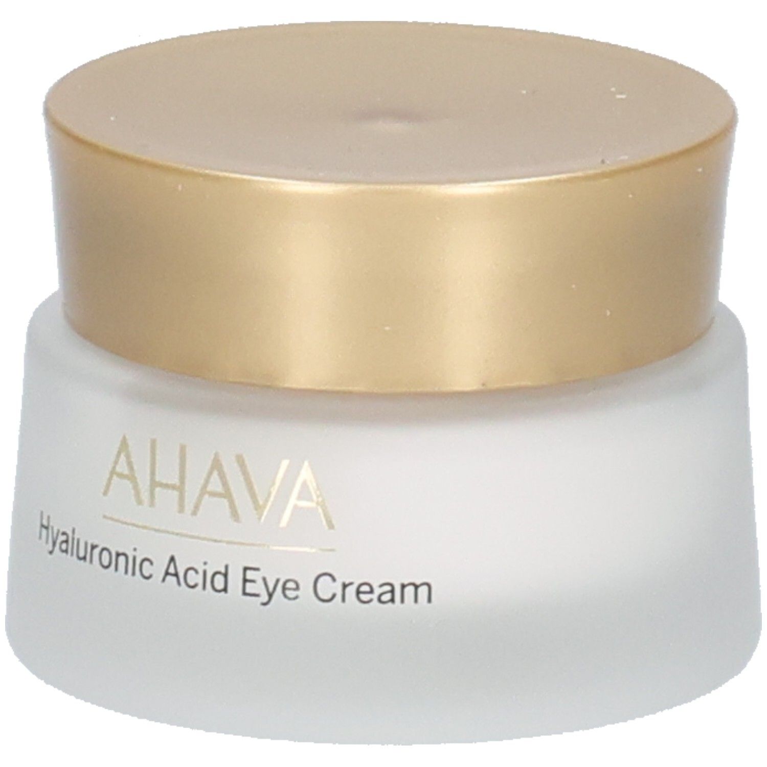 Pot de crème avec couvercle doré. Inscription: AHAVA, Hyaluronic Acid Eye Cream. Gros plan.