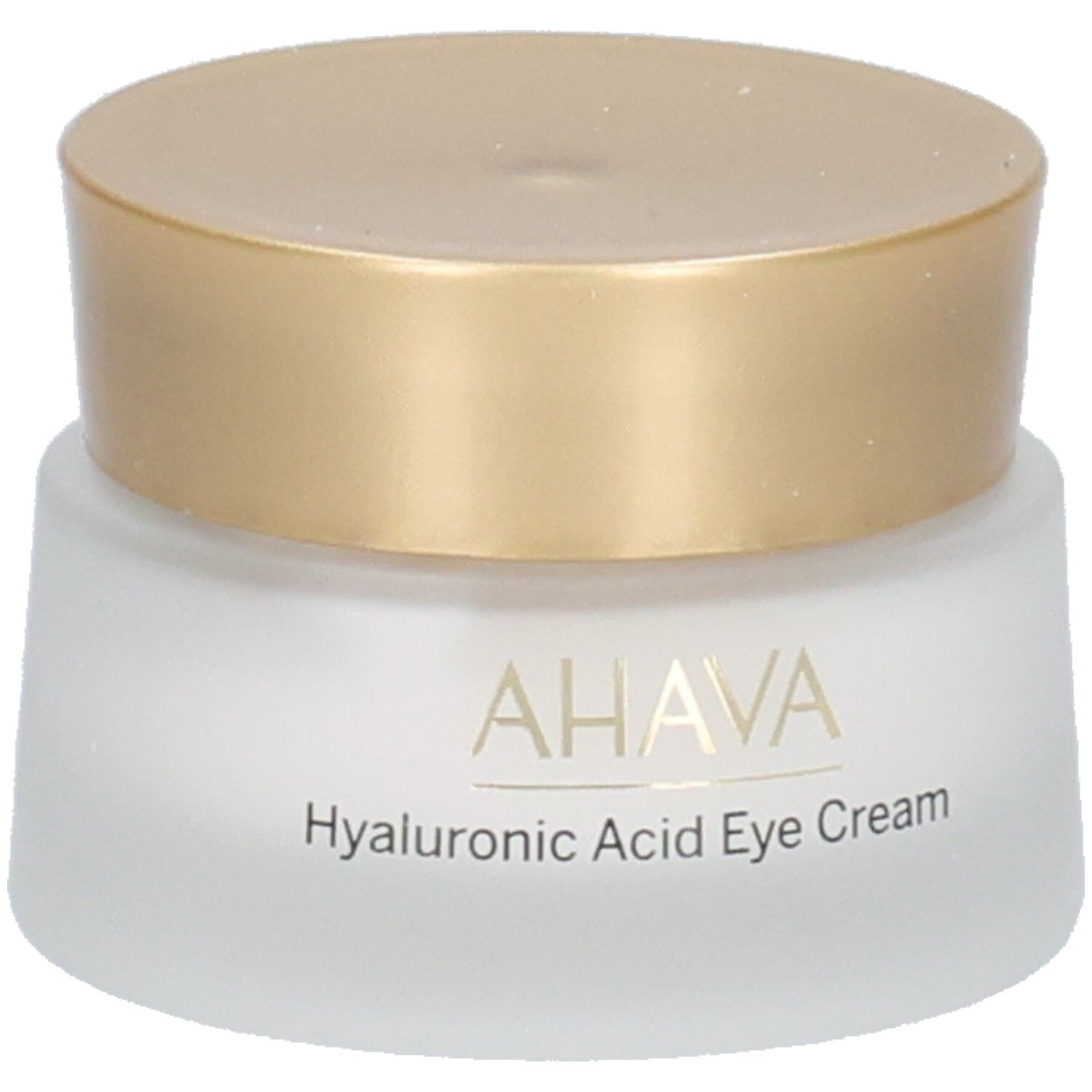 Pot de crème avec couvercle doré. Inscription: AHAVA, Hyaluronic Acid Eye Cream. Gros plan.