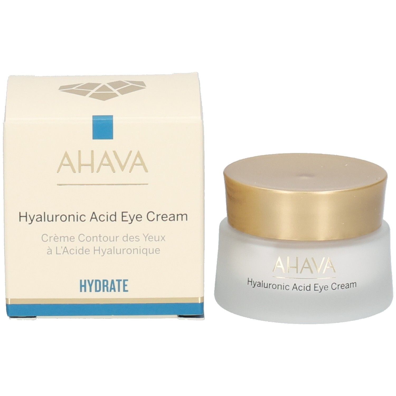Pot de crème et emballage. Inscription: AHAVA, Hyaluronic Acid Eye Cream. Crème Contour des Yeux. Hydrate.