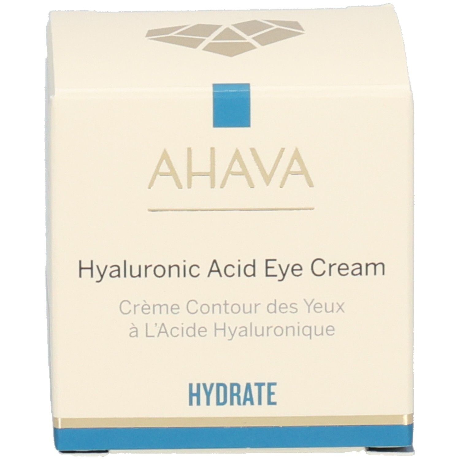 Emballage. Inscription: AHAVA, Hyaluronic Acid Eye Cream. Crème Contour des Yeux à l’Acide Hyaluronique. Hydrate.