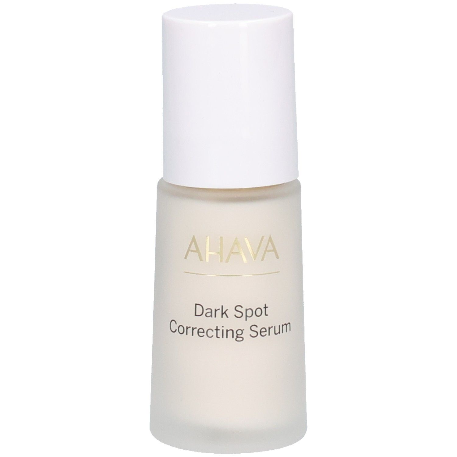 Sérum correcteur anti-taches AHAVA. Flacon blanc avec bouchon blanc. Inscription dorée. Inscription : Dark Spot Correcting Serum.