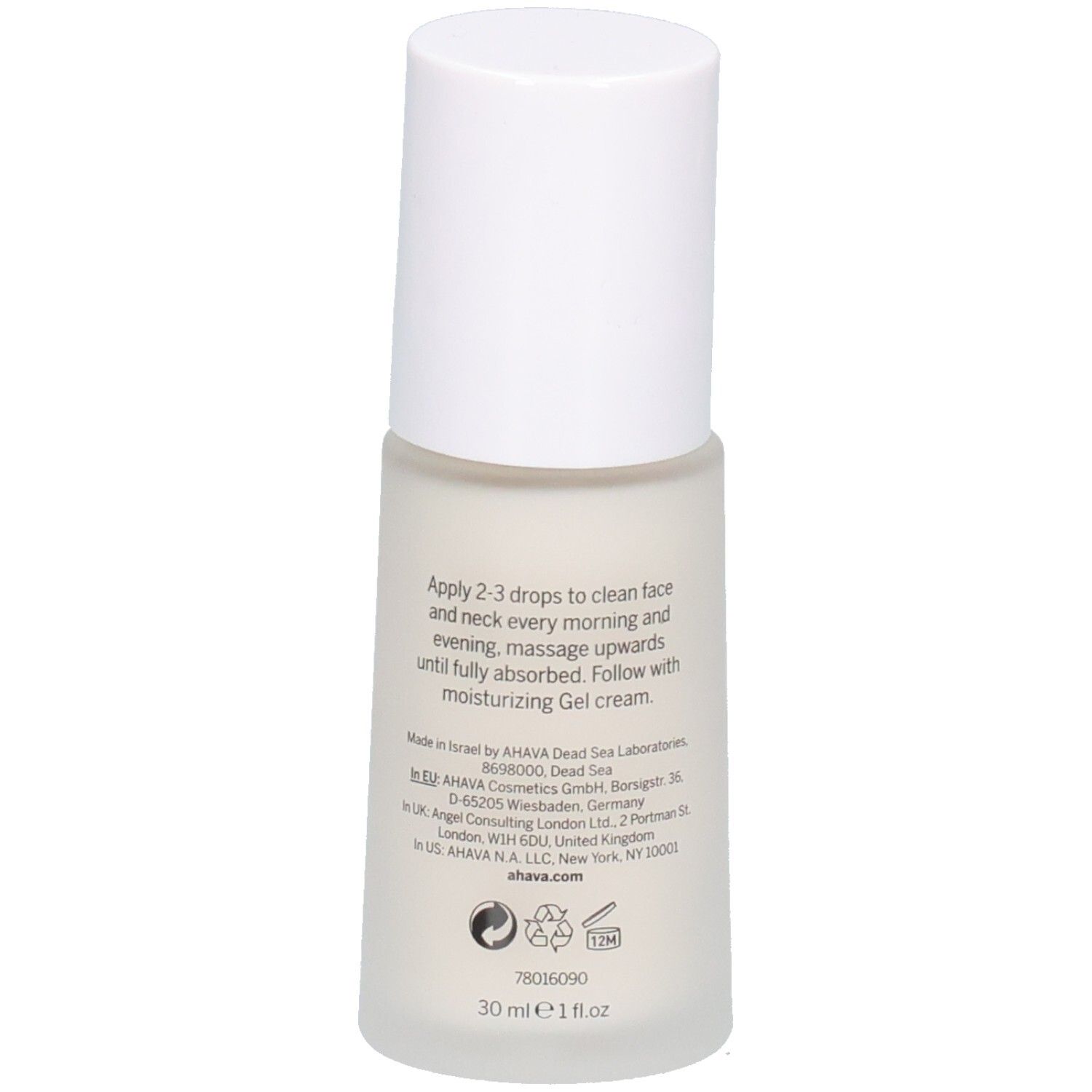 Sérum correcteur anti-taches AHAVA. Flacon blanc avec bouchon blanc. Dos avec texte. Instructions d'utilisation et informations du fabricant.