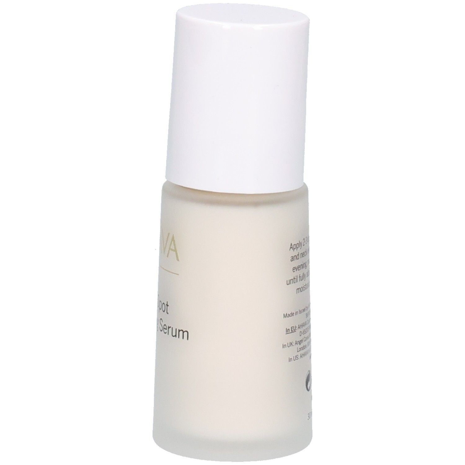 Sérum correcteur anti-taches AHAVA. Flacon blanc avec bouchon blanc. Dos avec texte. Instructions d'utilisation et informations du fabricant.