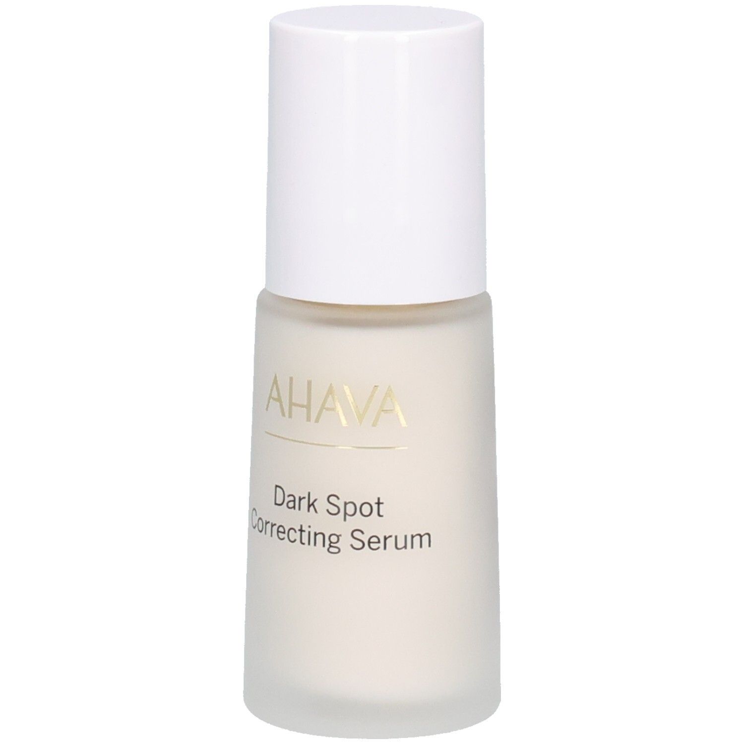 Sérum correcteur anti-taches AHAVA. Flacon blanc avec bouchon blanc. Inscription dorée. Inscription : Dark Spot Correcting Serum.