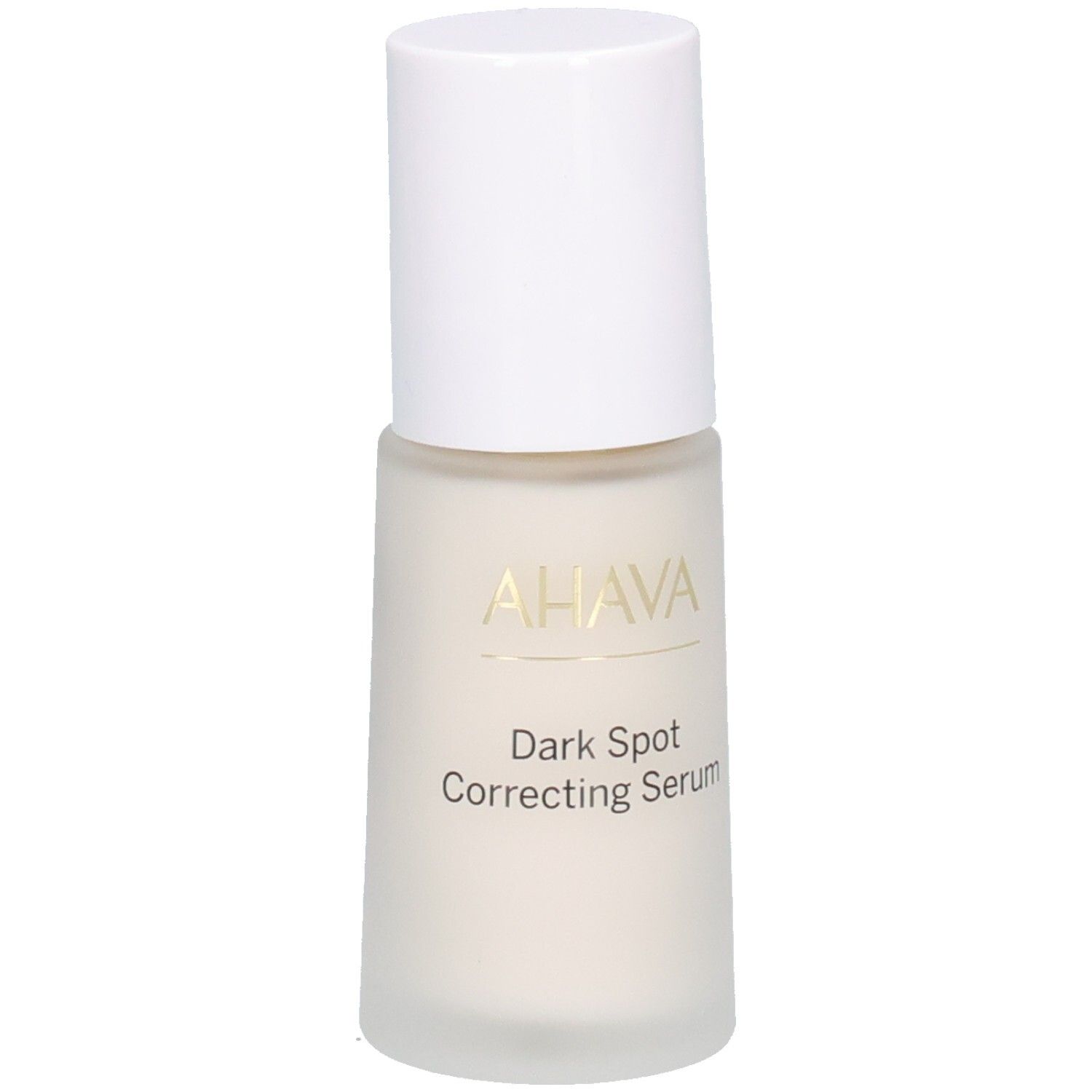 Sérum correcteur anti-taches AHAVA. Flacon blanc avec bouchon blanc. Inscription dorée. Inscription : Dark Spot Correcting Serum.