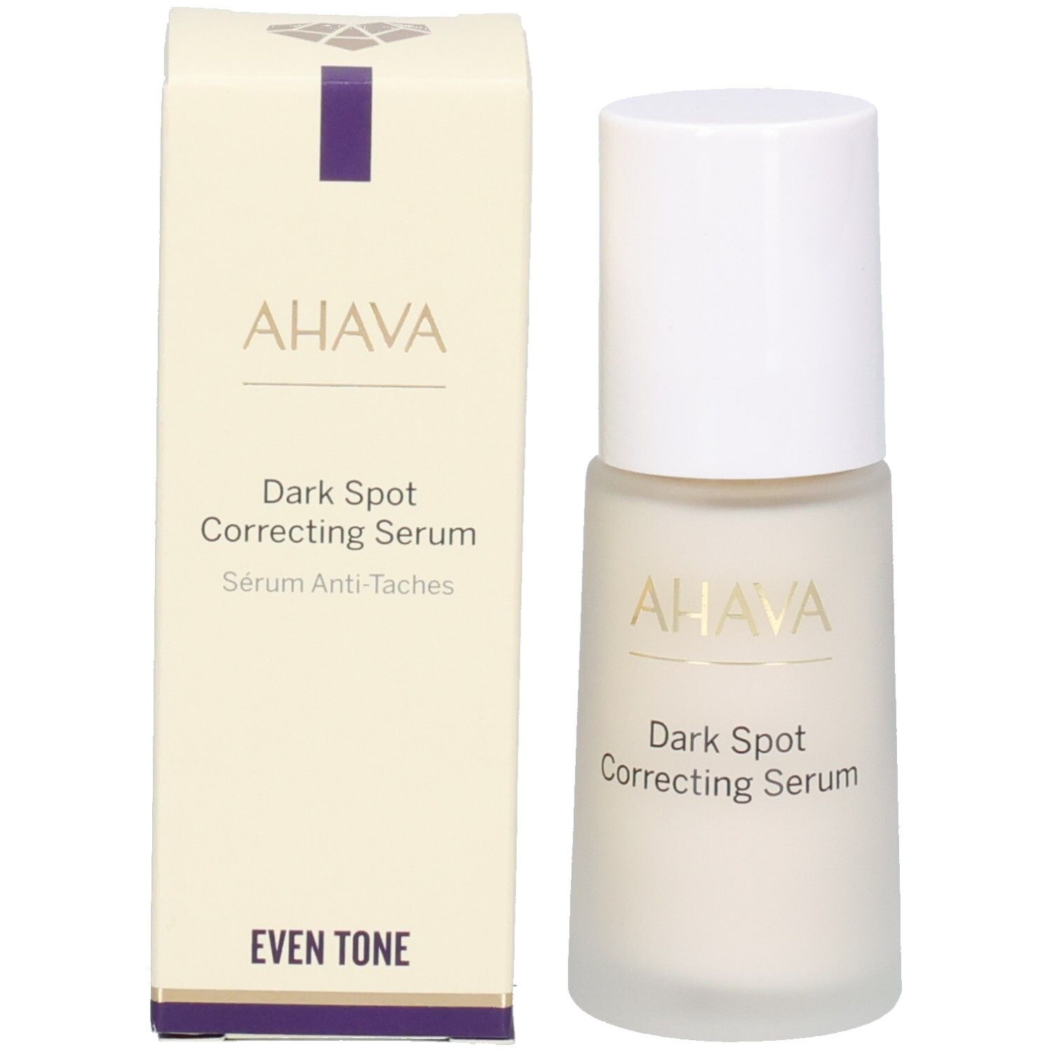 Sérum correcteur anti-taches AHAVA et emballage. Flacon et boîte. Inscription : Dark Spot Correcting Serum et Even Tone.