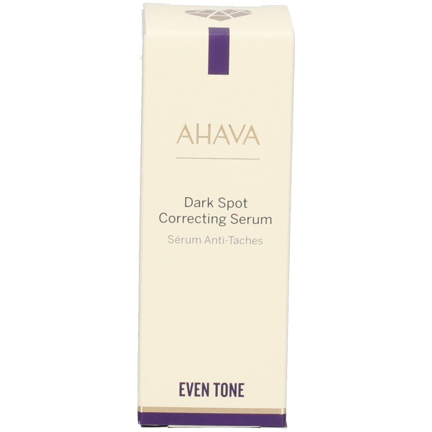 Emballage du sérum correcteur anti-taches AHAVA. Boîte avec inscription : Dark Spot Correcting Serum et Even Tone.