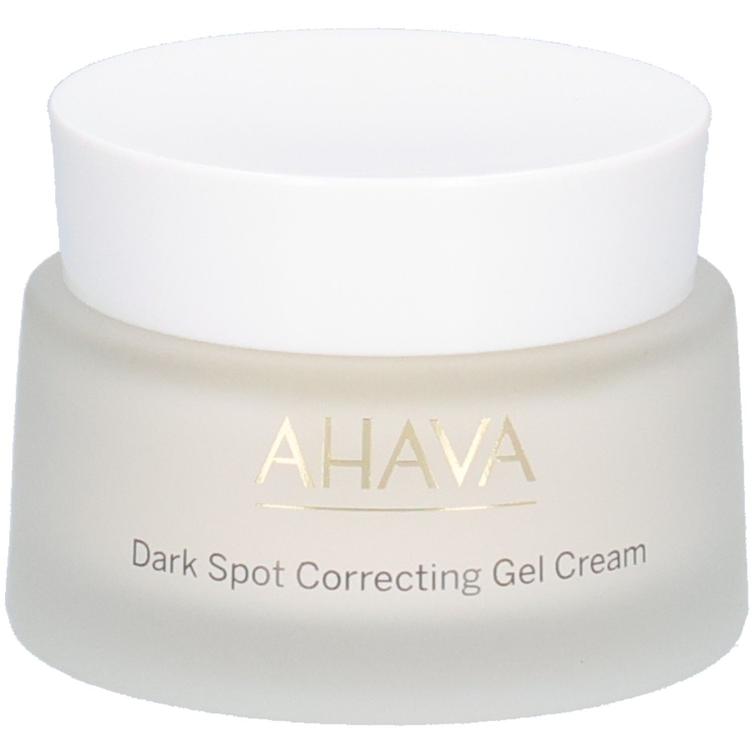 Pot de crème avec couvercle blanc. Inscription AHAVA et Dark Spot Correcting Gel Cream.