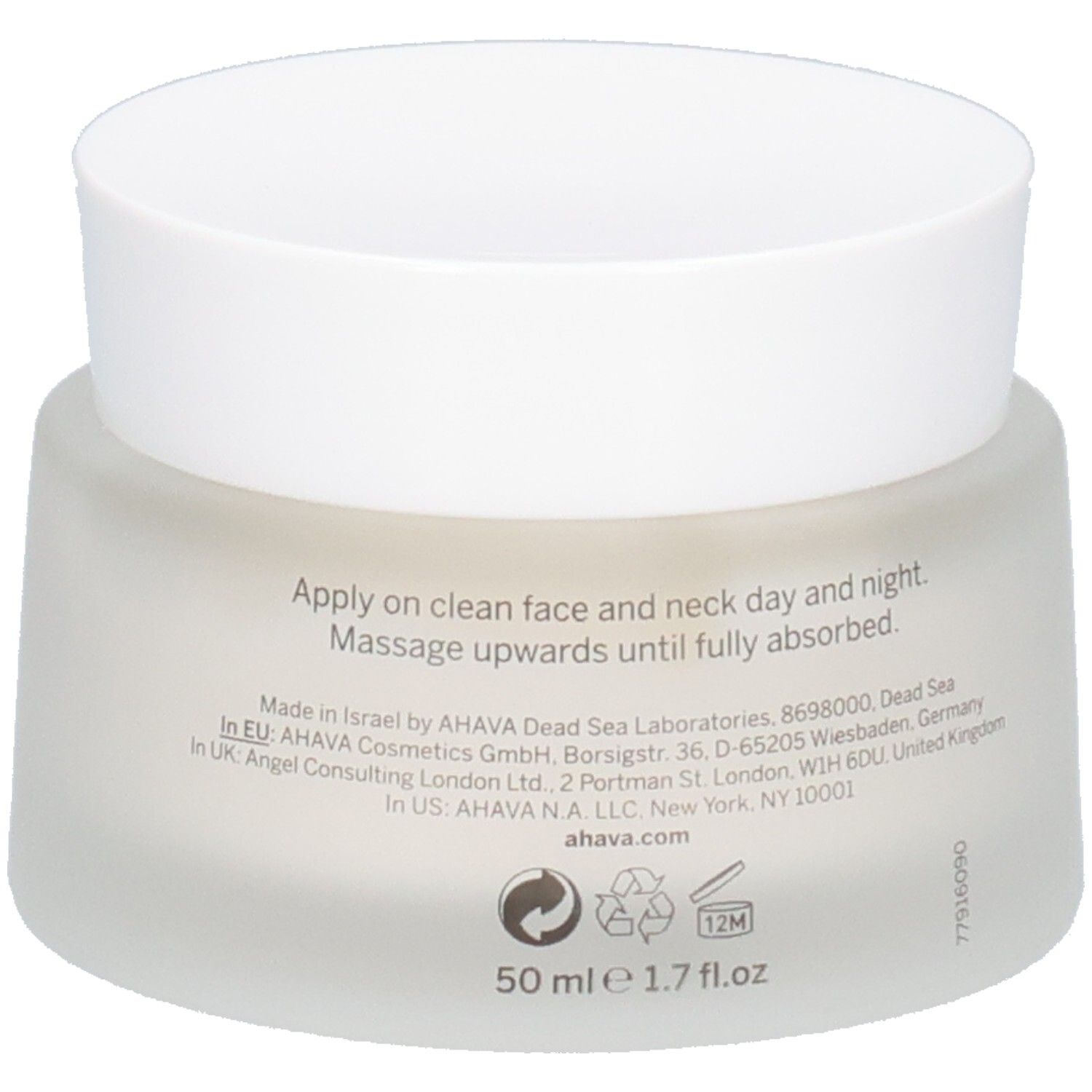 Pot de crème avec couvercle blanc. Inscription AHAVA et Dark Spot Correcting Gel Cream. Texte et logos au dos.