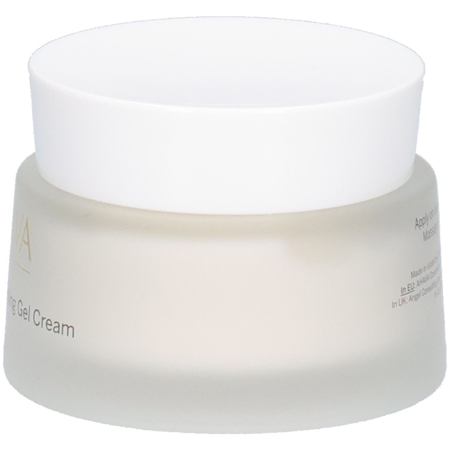 Pot de crème avec couvercle blanc. Inscription AHAVA et Dark Spot Correcting Gel Cream.