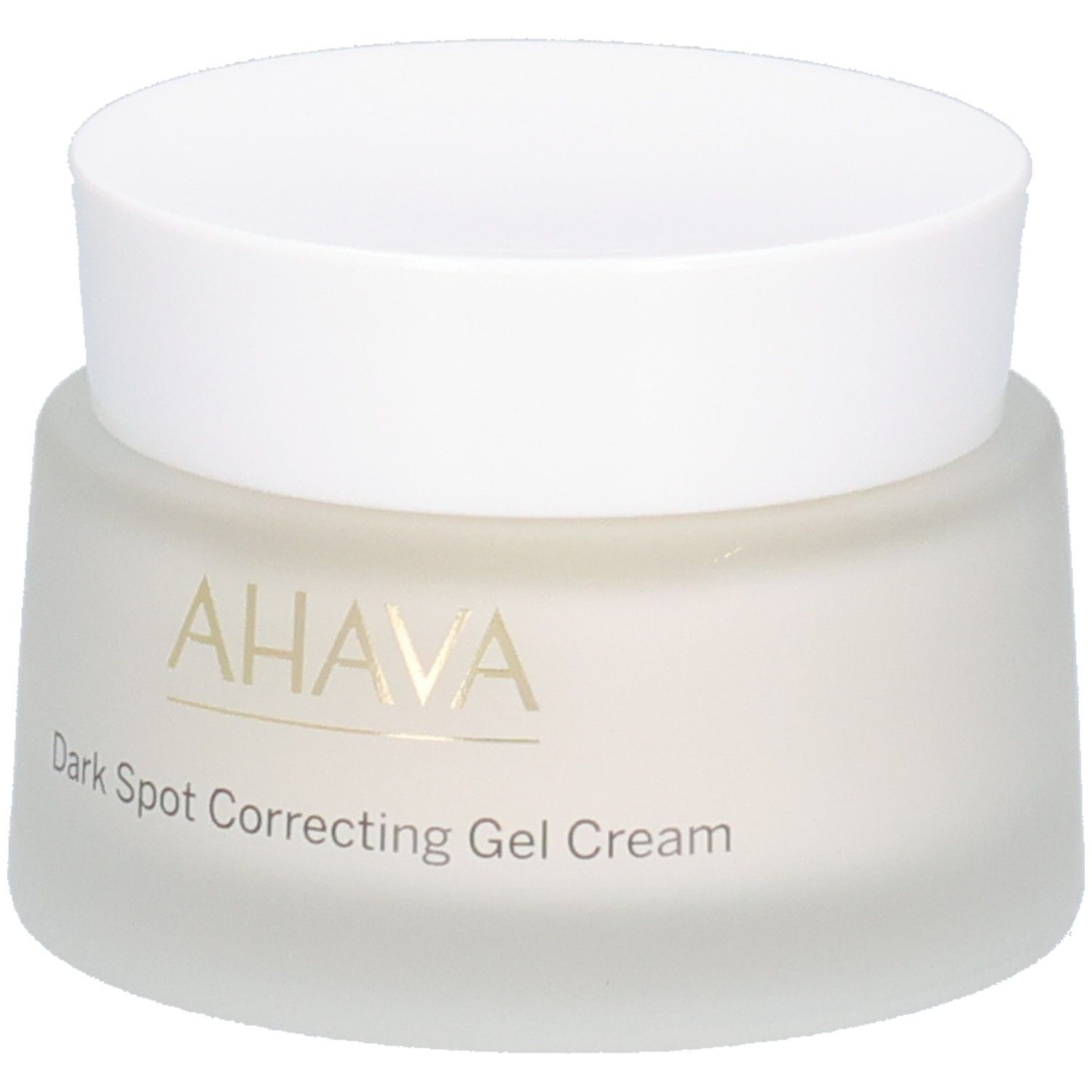 Pot de crème avec couvercle blanc. Inscription AHAVA et Dark Spot Correcting Gel Cream.