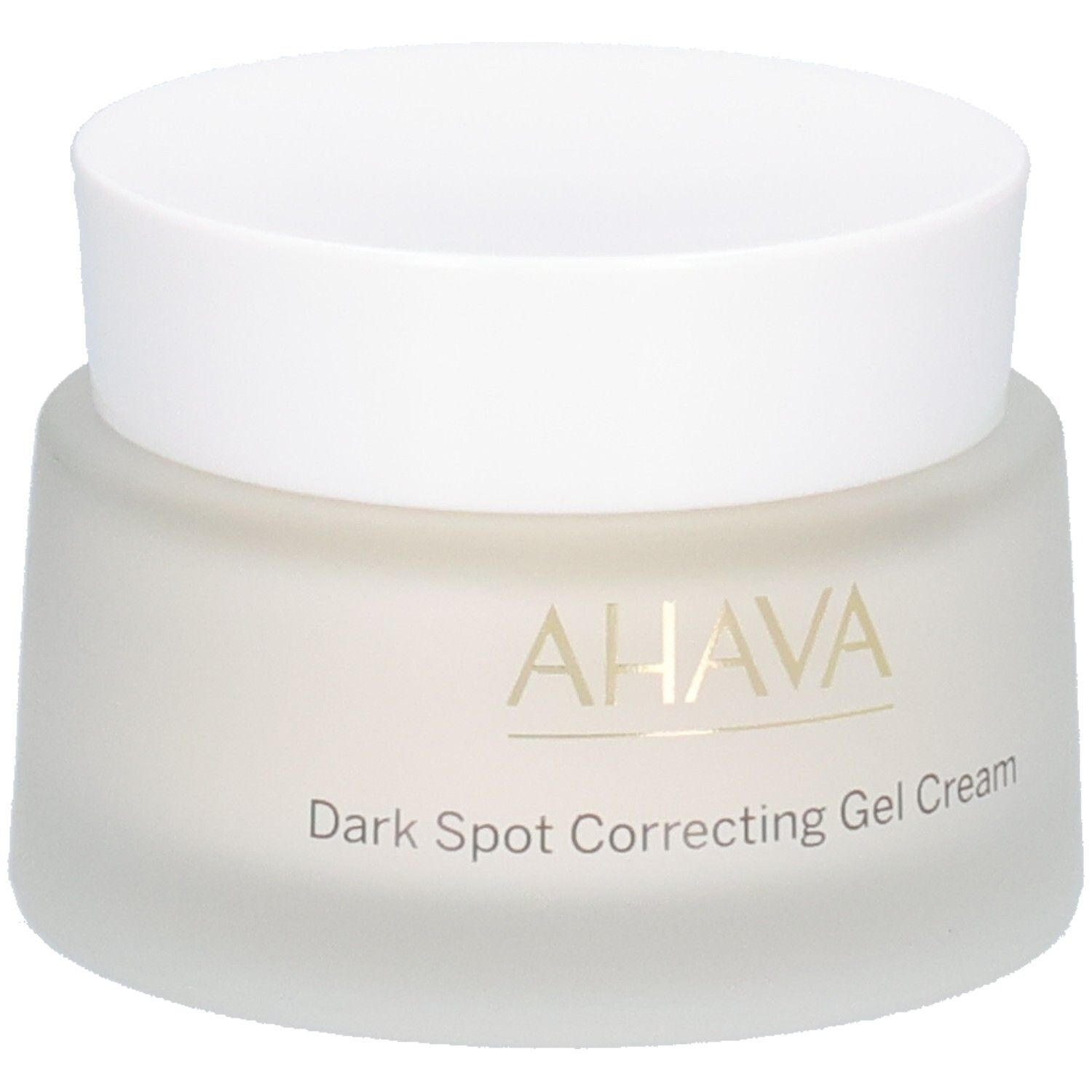 Pot de crème avec couvercle blanc. Inscription AHAVA et Dark Spot Correcting Gel Cream.