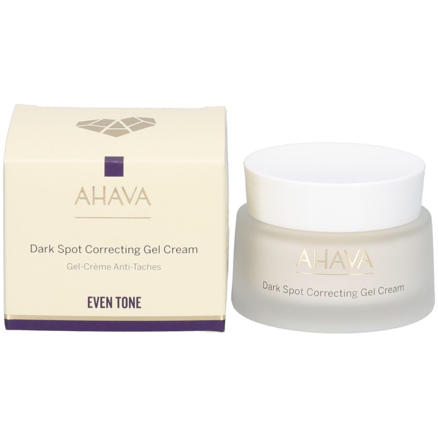 Pot de crème et emballage. Inscription AHAVA, Dark Spot Correcting Gel Cream et Even Tone.