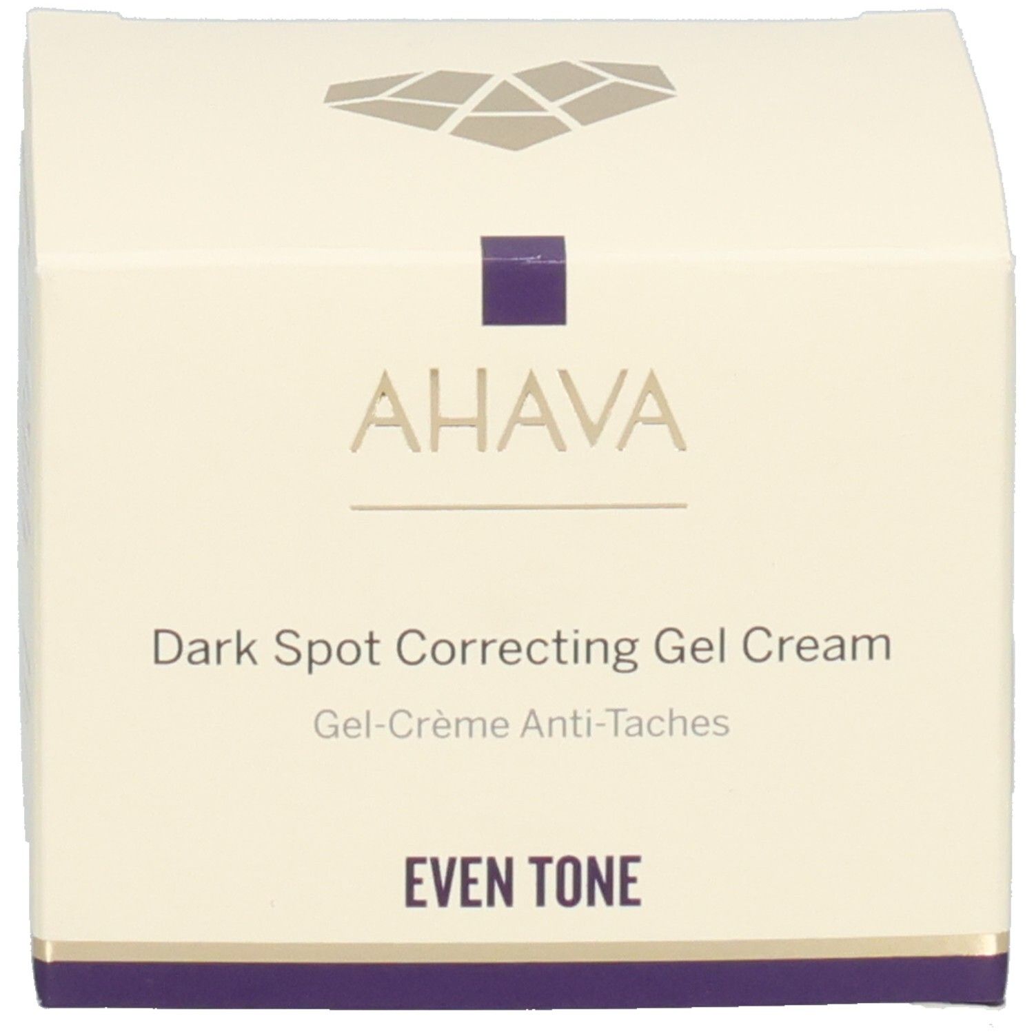 Emballage avec inscription AHAVA, Dark Spot Correcting Gel Cream et Even Tone.