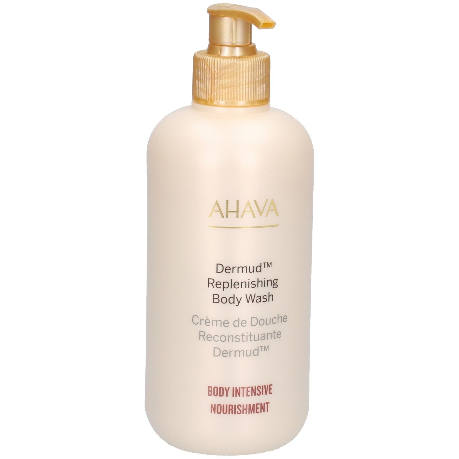 Flacon beige avec pompe dorée. Logo AHAVA et nom du produit: Dermud Replenishing Body Wash.