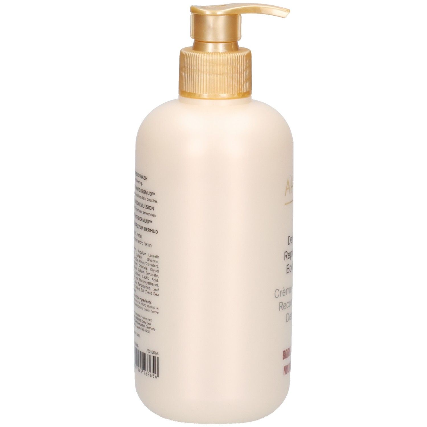 Flacon beige, vue latérale. Texte: Dermud Replenishing Body Wash. Ingrédients et informations.